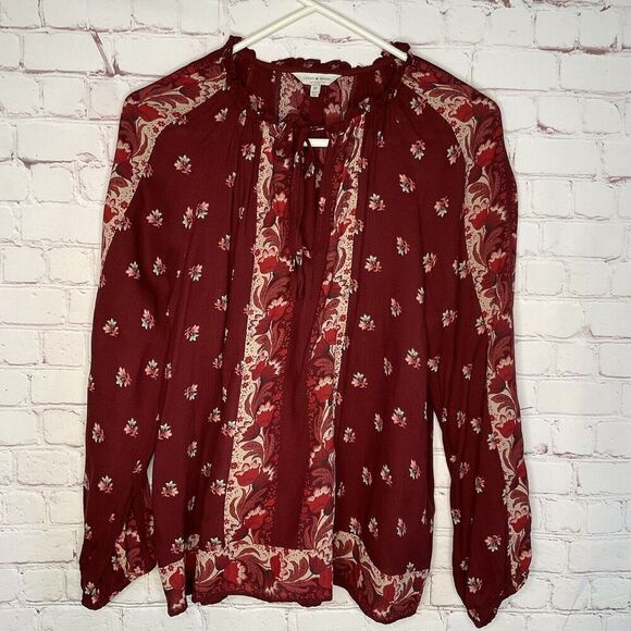 Lucky Brand Womens Medium M Maroon Floral Bishop Sleeve Peasant‎ Boho Blouse Top - Picture 2 of 11